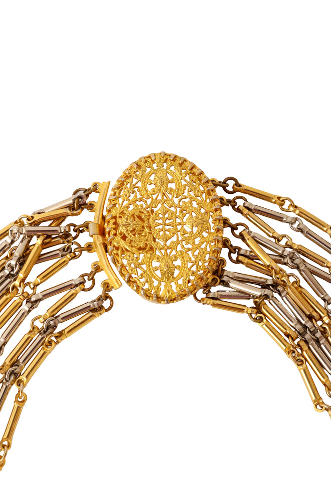 Multi-strand chain necklace with mixed metal links and filigree detailing ornate closure @ Recess LA 