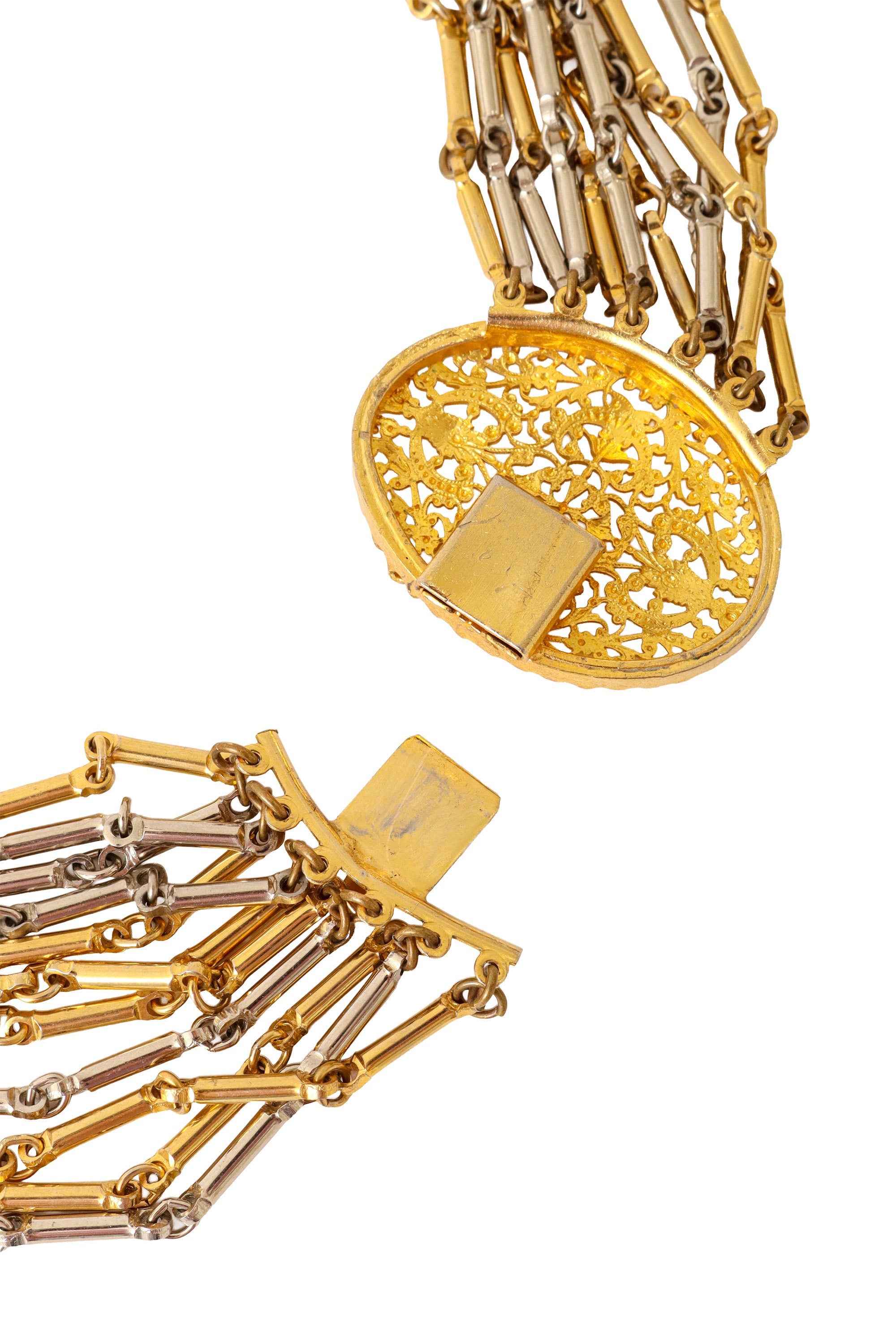 Multi-strand chain necklace with mixed metal links and filigree detailing back closure open @ Recess LA 