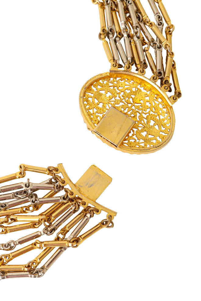 Multi-strand chain necklace with mixed metal links and filigree detailing back closure open @ Recess LA 