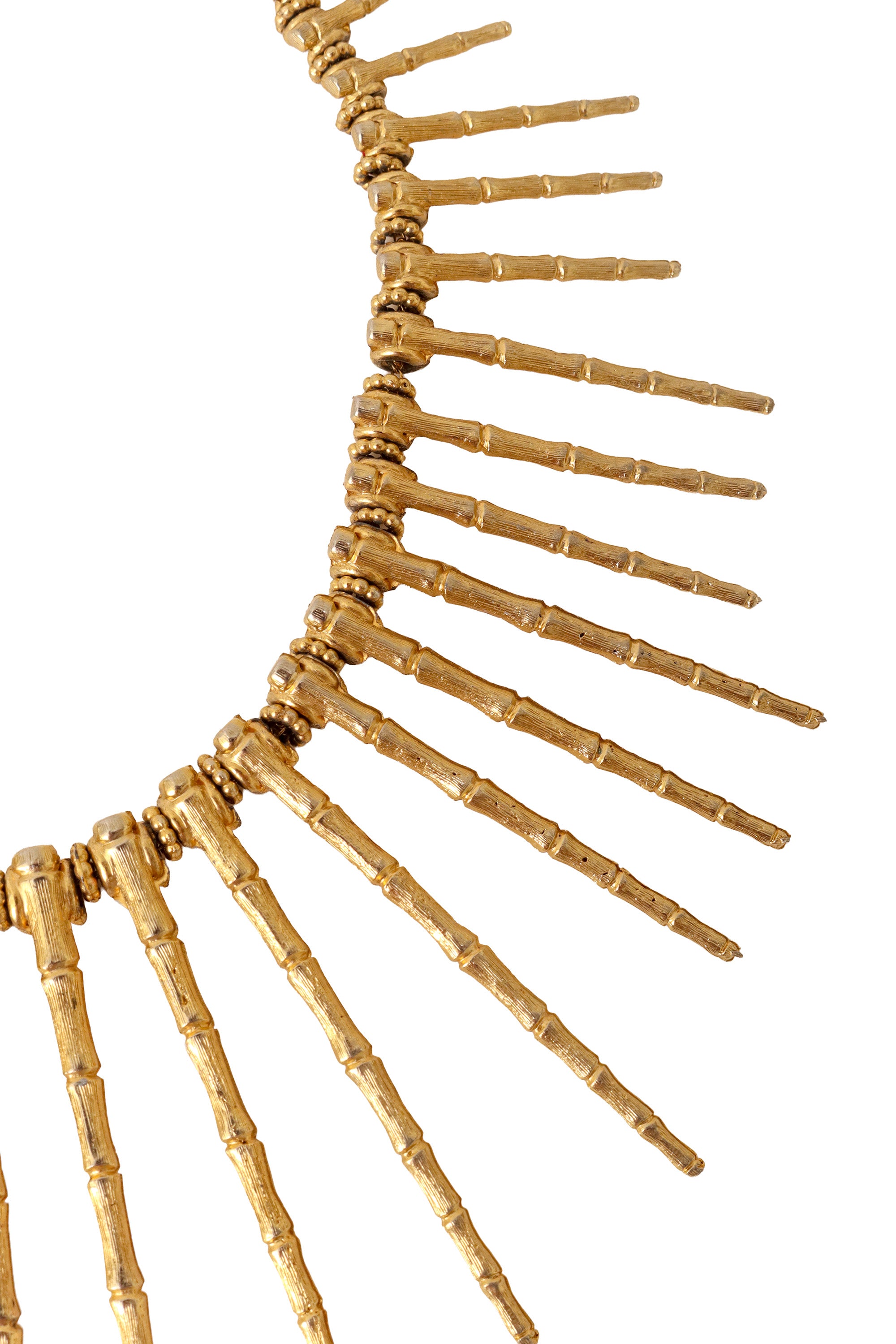 Textured bamboo-inspired spike collar necklace in gold tone metal up close @ Recess LA 