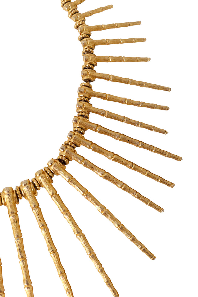 Textured bamboo-inspired spike collar necklace in gold tone metal up close @ Recess LA 