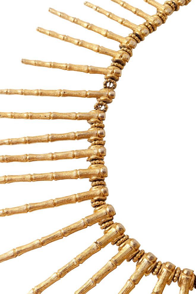 Textured bamboo-inspired spike collar necklace in gold tone metal closure up close @ Recess LA 