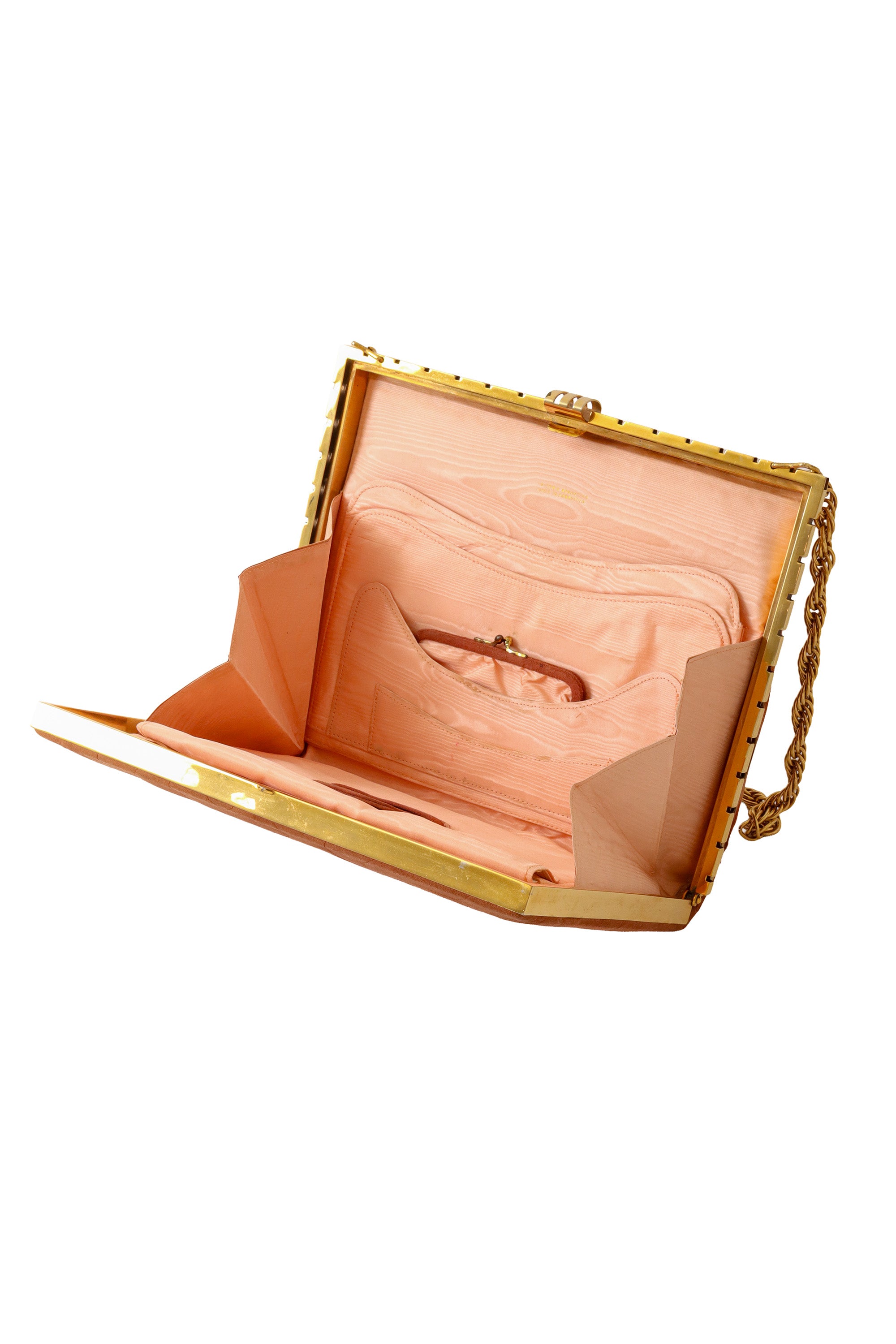 Quilted suede frame bag interior @ Recess LA