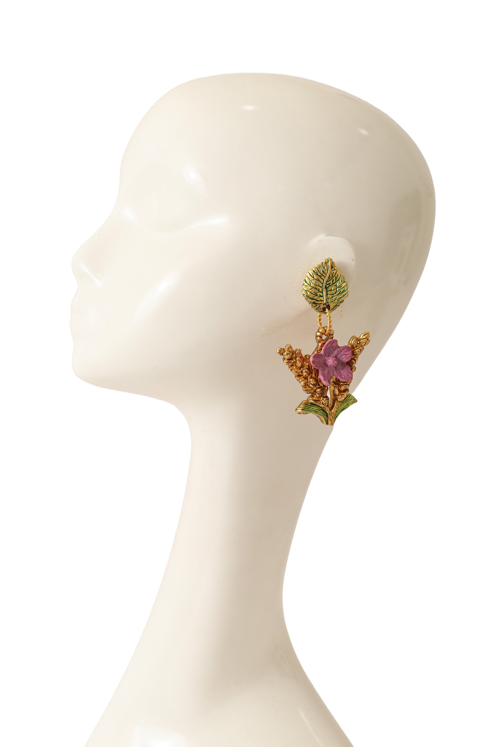 Enamel floral drop earrings with textured gold branch and leaf details by F. Volle on mannequin @ Recess LA 
