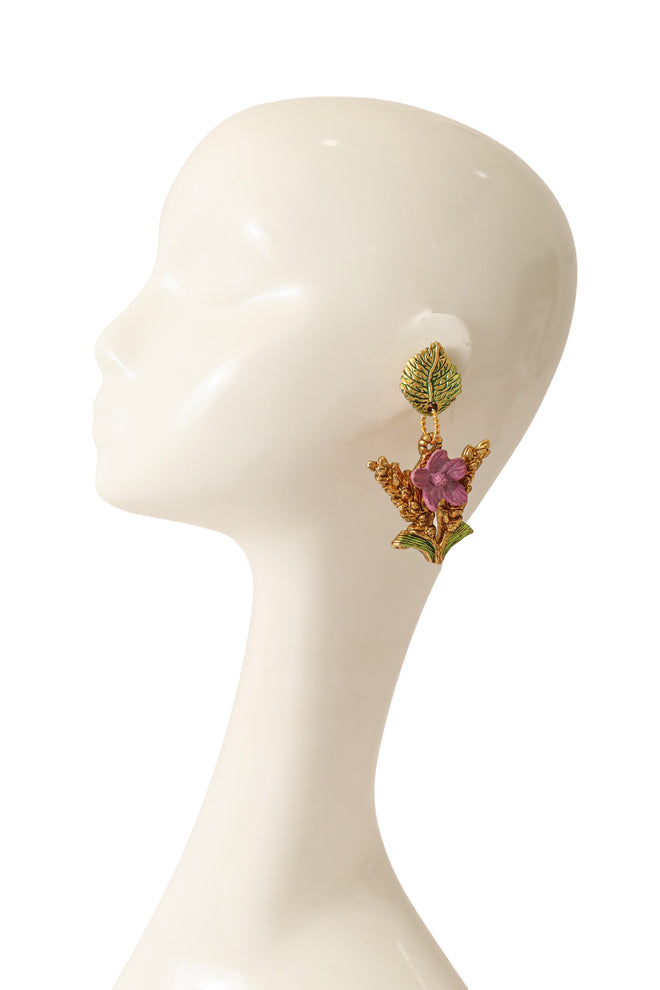 Enamel floral drop earrings with textured gold branch and leaf details by F. Volle on mannequin @ Recess LA 