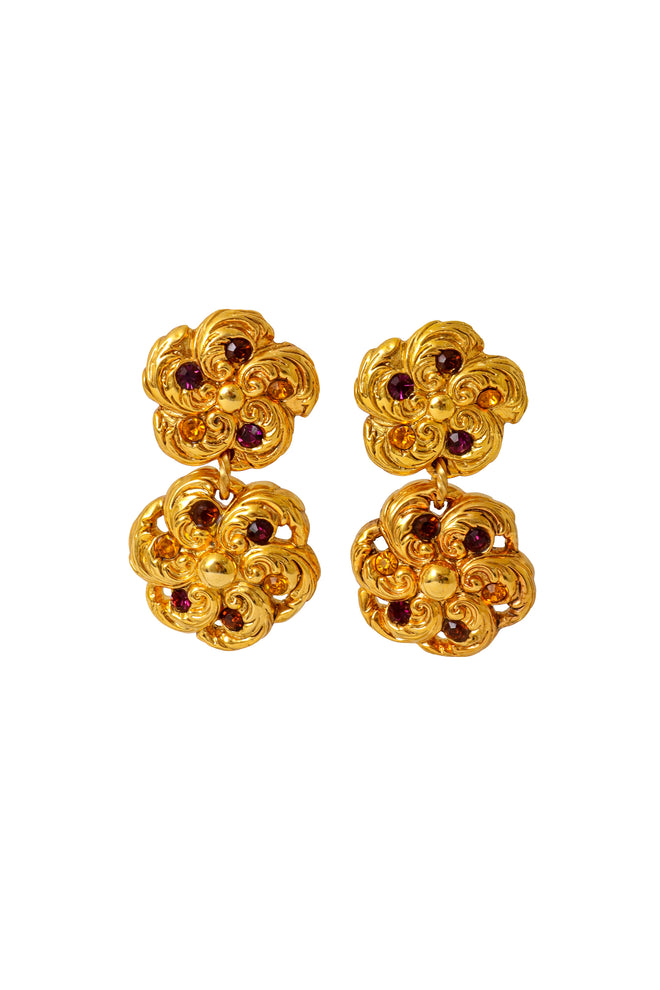 Ornate floral drop earrings with multicolor crystals and sculpted gold detailing by F. Volle @ Recess LA 