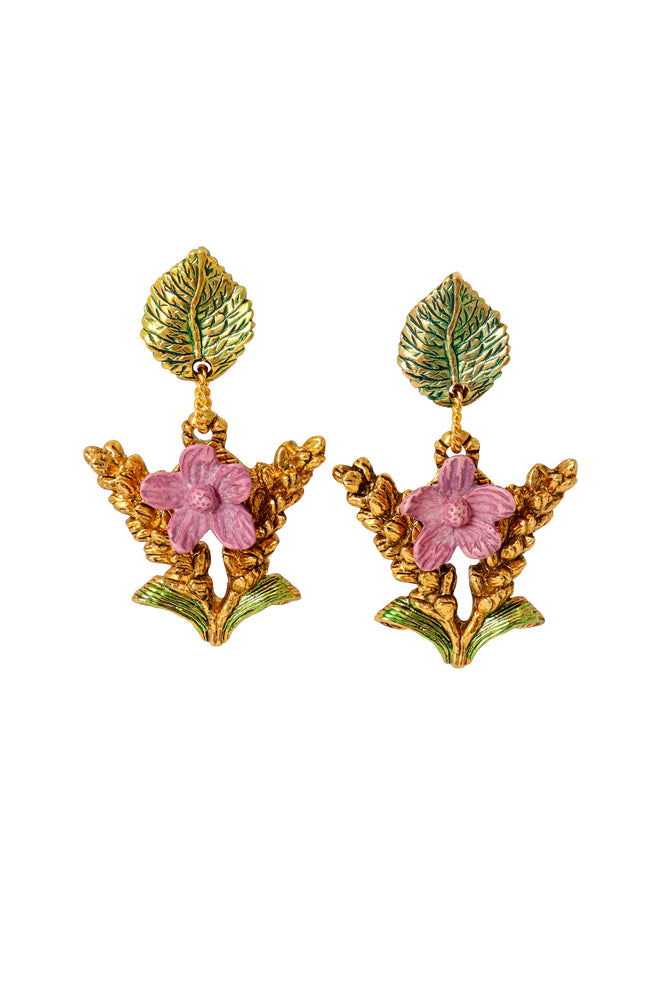 Enamel floral drop earrings with textured gold branch and leaf details by F. Volle @ Recess LA 