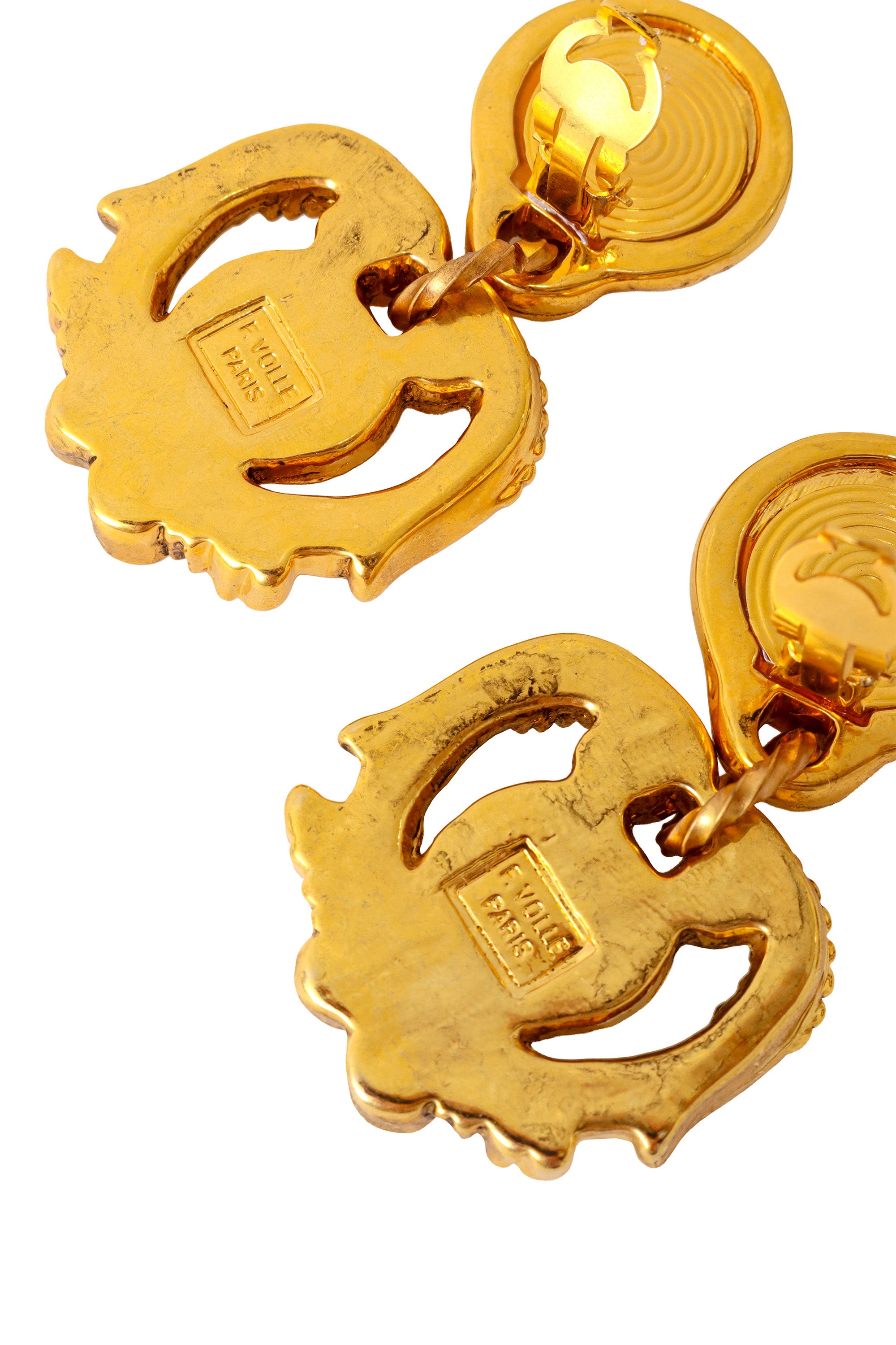 scroll drop earrings by F. Volle logo @ Recess La