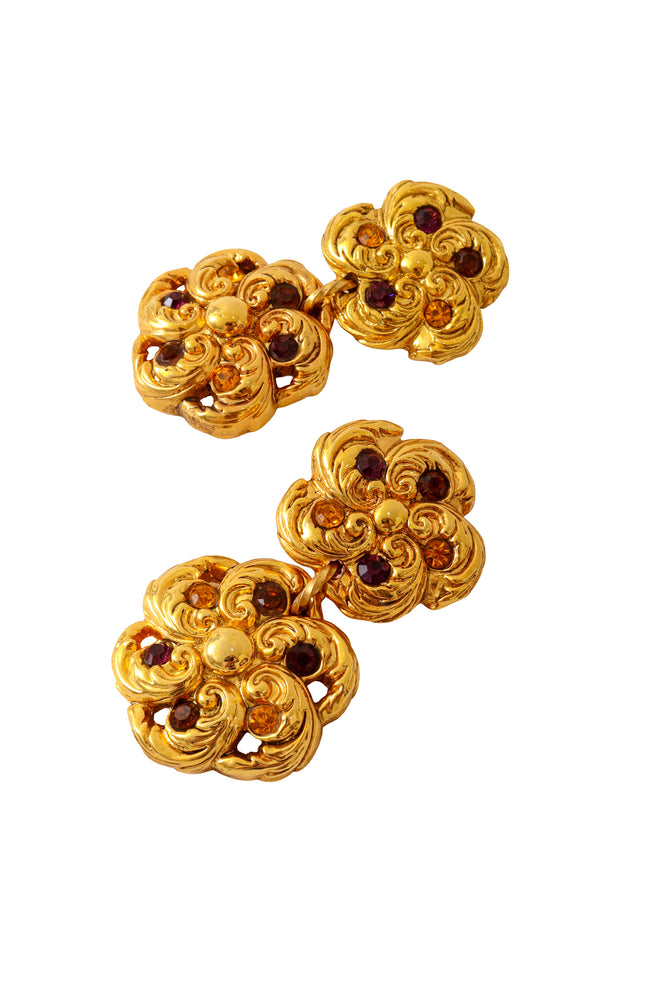 Ornate floral drop earrings with multicolor crystals and sculpted gold detailing by F. Volle  up close @ Recess LA 