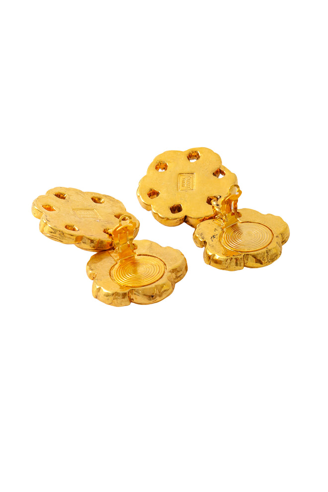 Ornate floral drop earrings with multicolor crystals and sculpted gold detailing by F. Volle backs @ Recess LA 