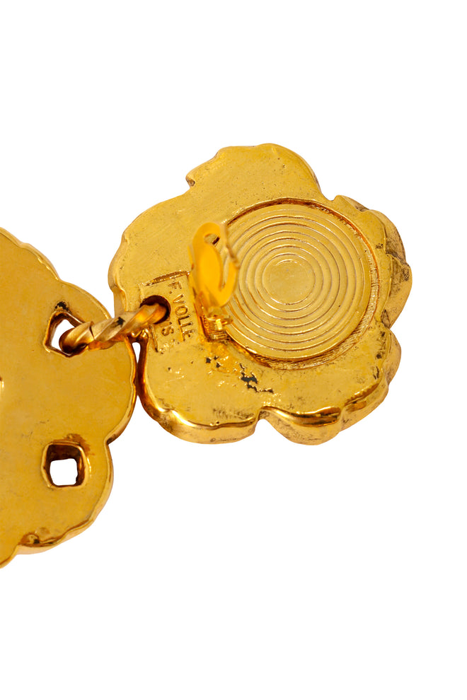 Ornate floral drop earrings with multicolor crystals and sculpted gold detailing by F. Volle back clips open  @ Recess LA 