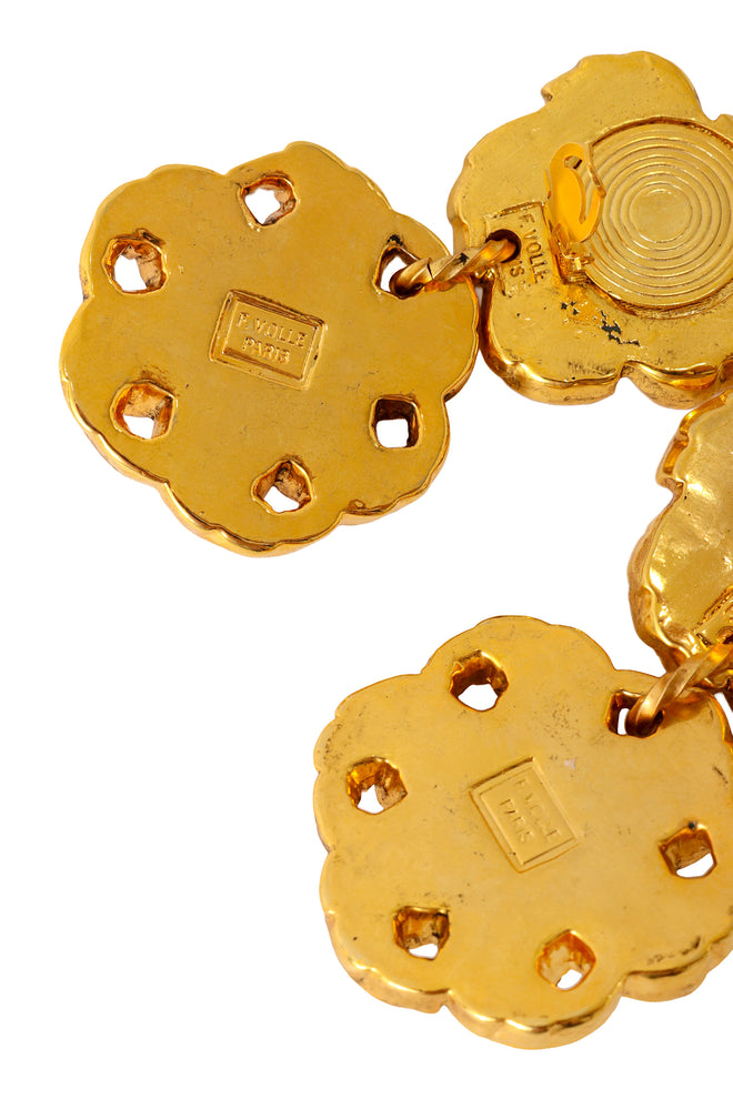 Ornate floral drop earrings with multicolor crystals and sculpted gold detailing by F. Volle backs signature @ Recess LA 