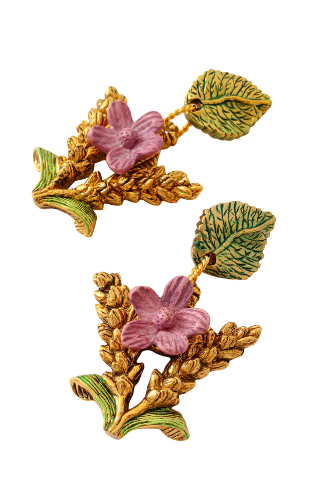Enamel floral drop earrings with textured gold branch and leaf details by F. Volle up close  @ Recess LA 