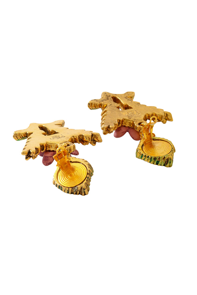 Enamel floral drop earrings with textured gold branch and leaf details by F. Volle back @ Recess LA 