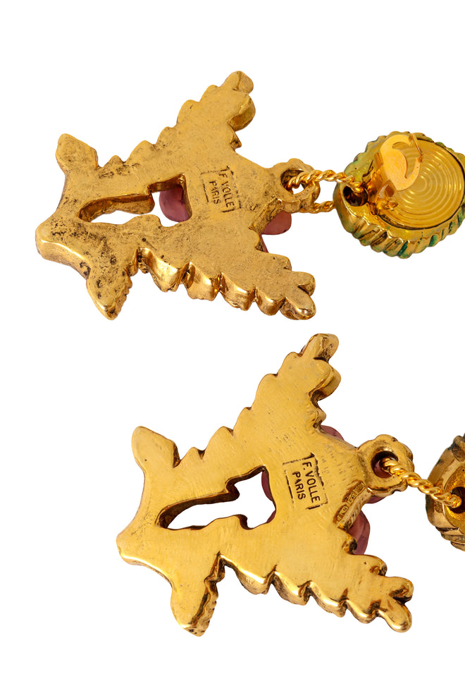 Enamel floral drop earrings with textured gold branch and leaf details by F. Volle back signature @ Recess LA 