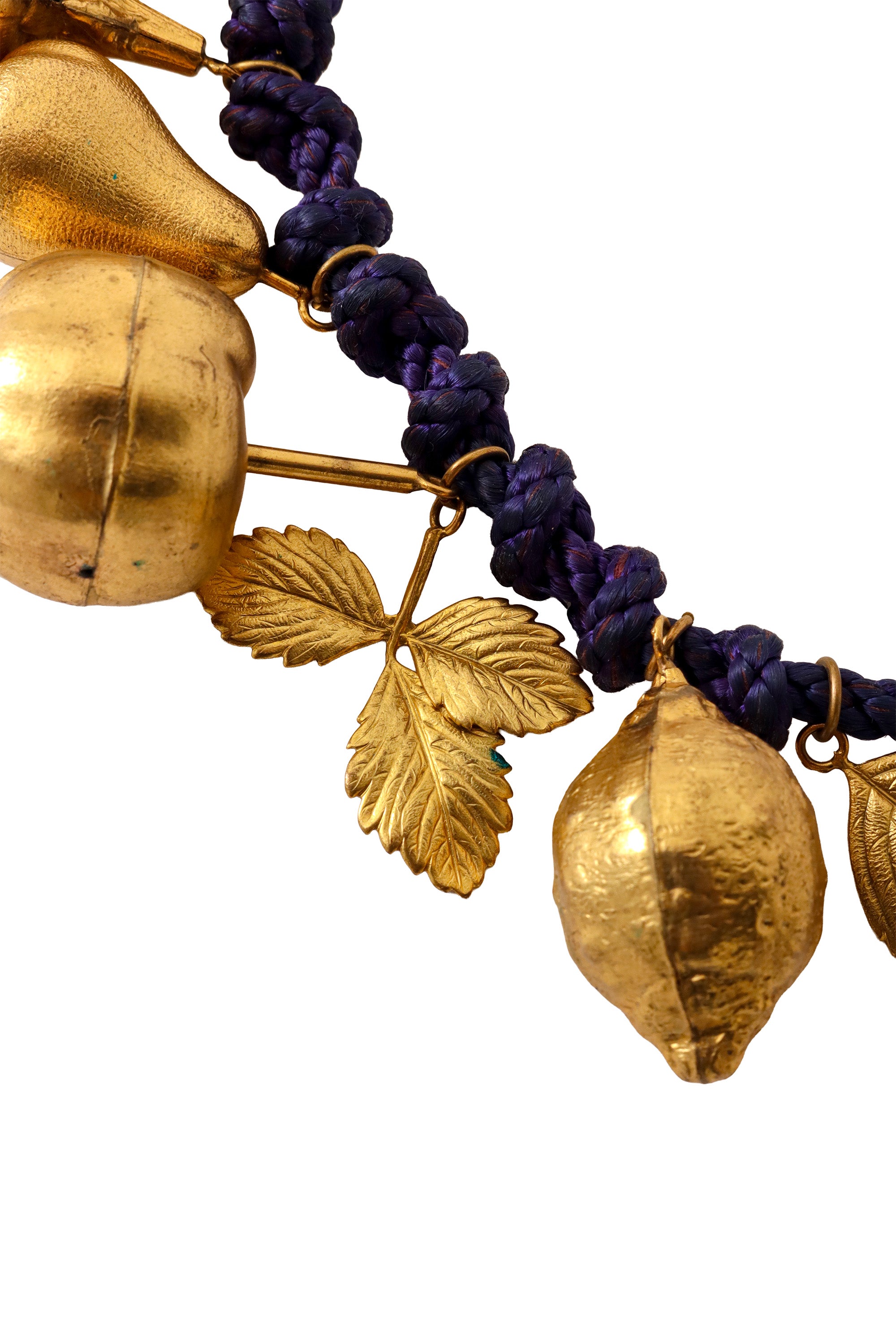 Gilded fruit charm necklace up close leaves @ Recess LA