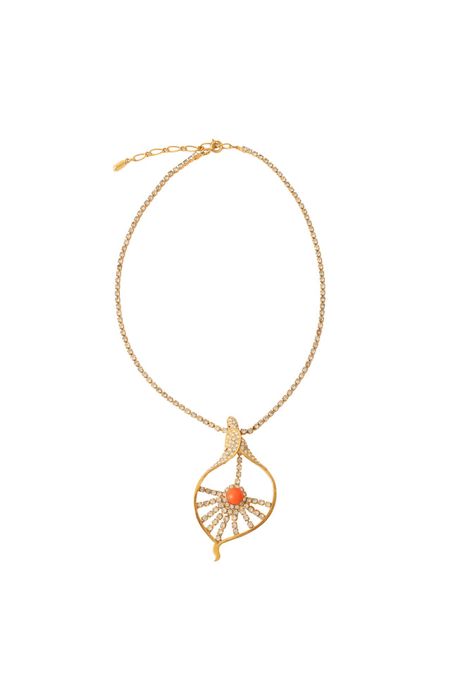 Coral Cabochon Shellburst Drop Necklace