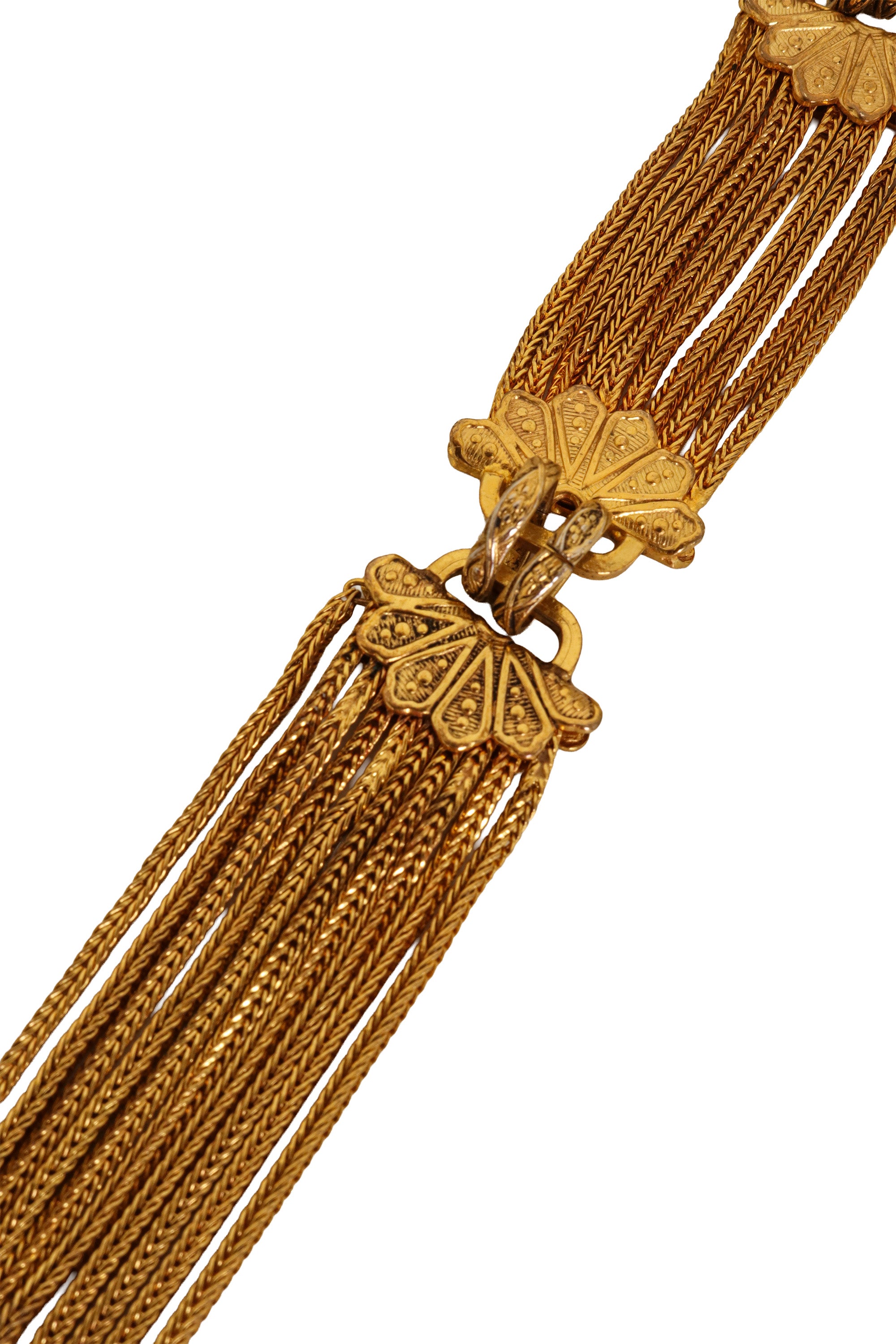 Multi-Chain Pearl Medallion Belt by Chanel close-up of a ornate decorative clasps tarnishing @ Recess LA