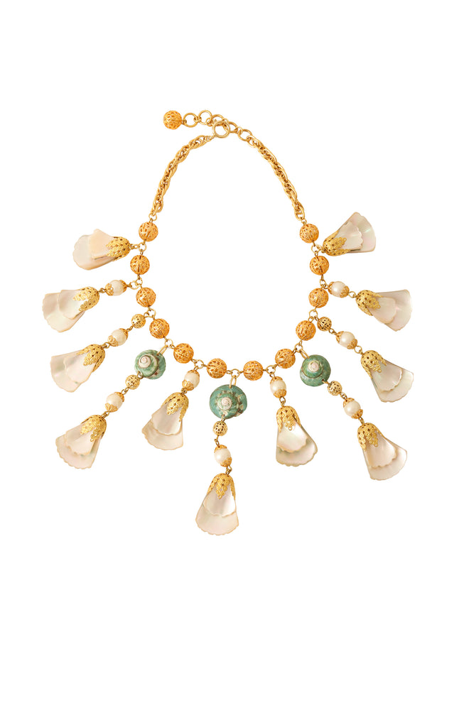 Tiered Shell Fan Necklace pearl back @ recess LA