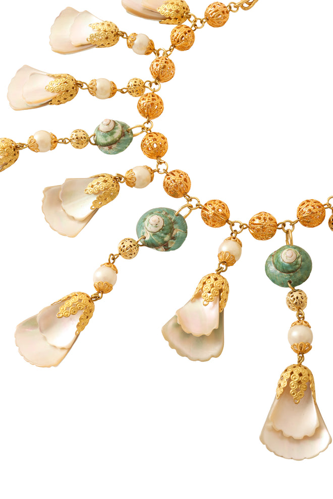 Tiered Shell Fan Necklace pearl side close @ recess LA