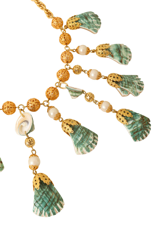 Tiered Shell Fan Necklace green shells close @ recess LA