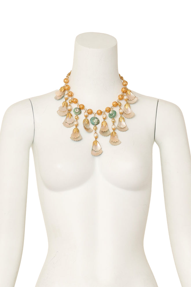 Tiered Shell Fan Necklace on mannequin pearl side @ recess LA