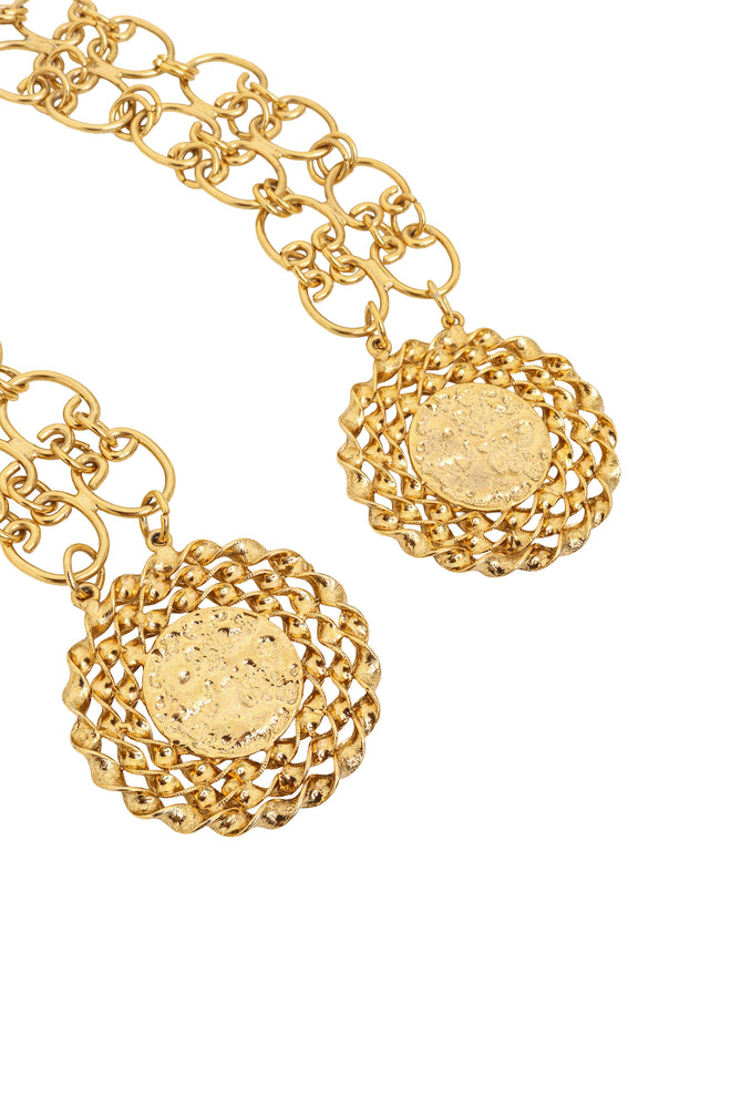 Vintage Pauline Trigere Wide Double Medallion Chain Belt medallions @ Recess LA
