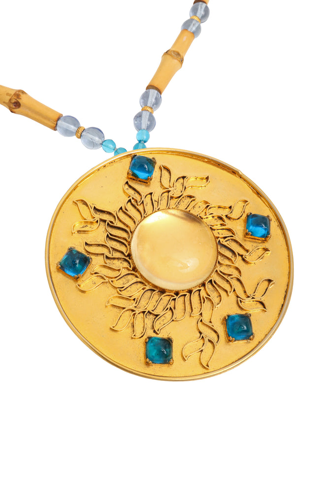 Vintage William deLillo Large Cabochon Sun Medallion Necklace closeup of medallion @ Recess LA