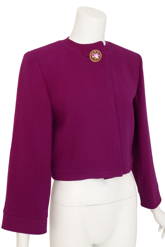 Cropped wool jacket by Gianni Versace on mannequin close @ Recess LA