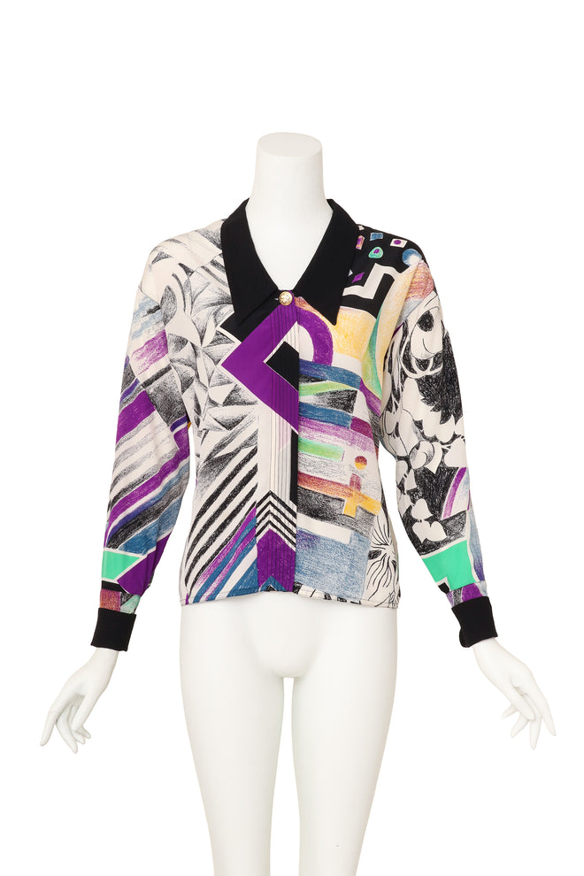 Abstract sketch print silk shirt by Gianni Versace on mannequin @ Recess LA