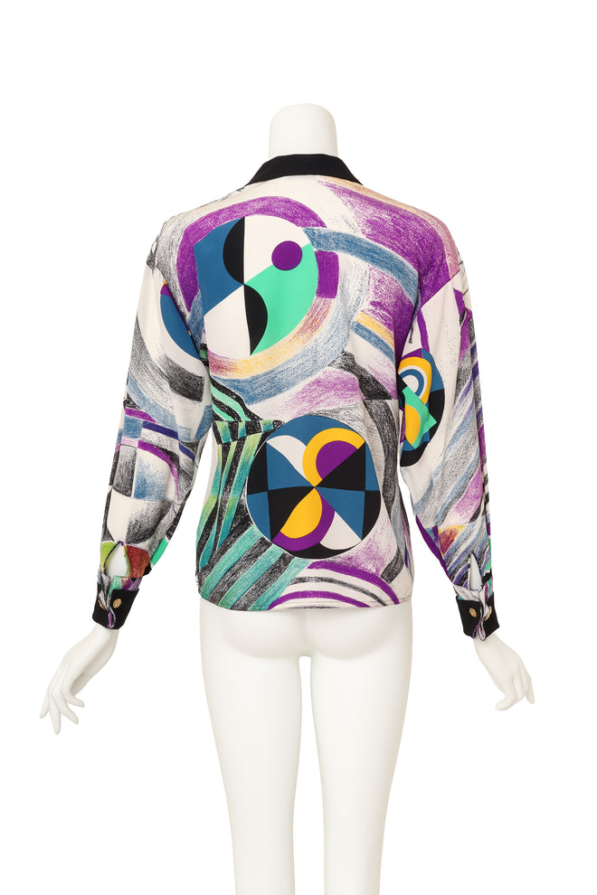 Abstract sketch print silk shirt by Gianni Versace on mannequin back @ Recess LA