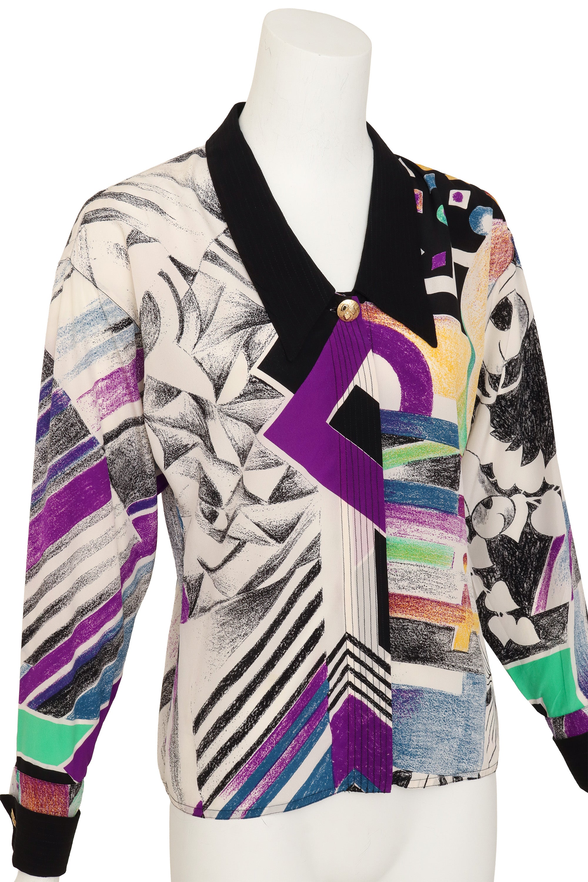 Abstract sketch print silk shirt by Gianni Versace on mannequin close @ Recess LA