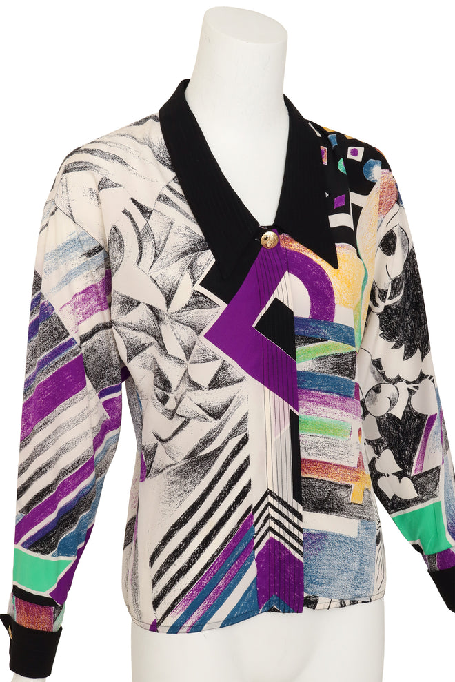Abstract sketch print silk shirt by Gianni Versace on mannequin close @ Recess LA