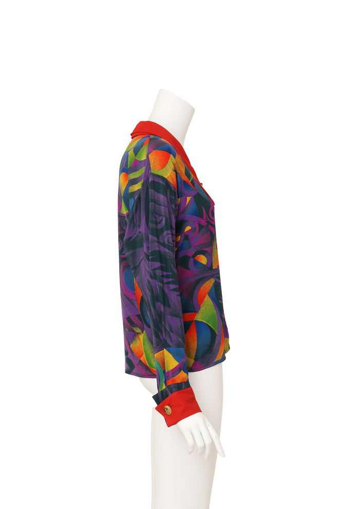 abstract graphic print silk shirt by Gianni Versace on mannequin side @ Recess LA