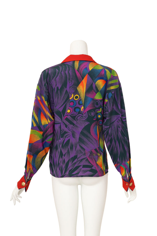 abstract graphic print silk shirt by Gianni Versace on mannequin back @ Recess LA