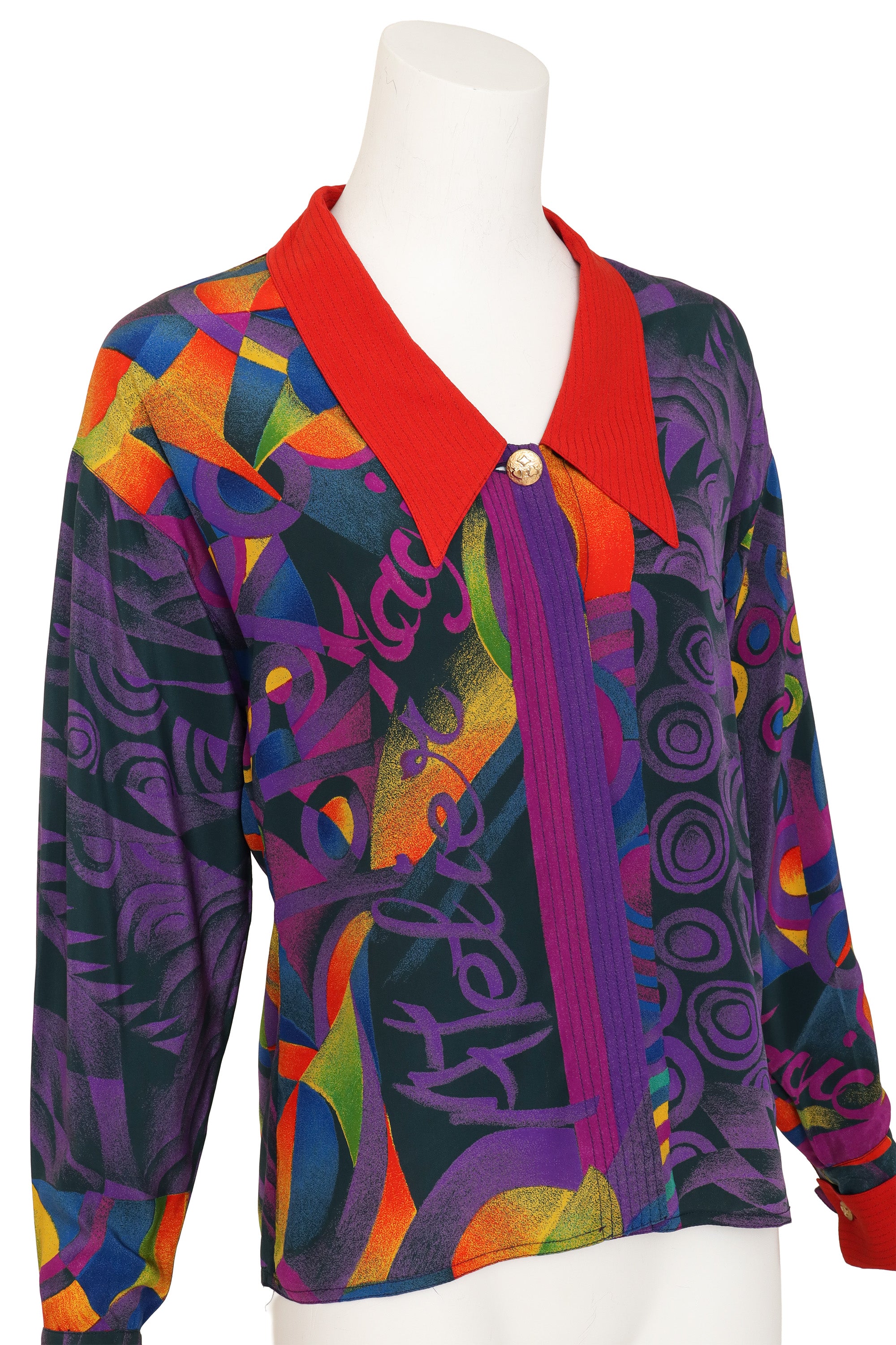 abstract graphic print silk shirt by Gianni Versace on mannequin close @ Recess LA