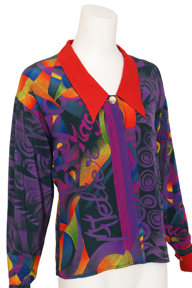 abstract graphic print silk shirt by Gianni Versace on mannequin close @ Recess LA