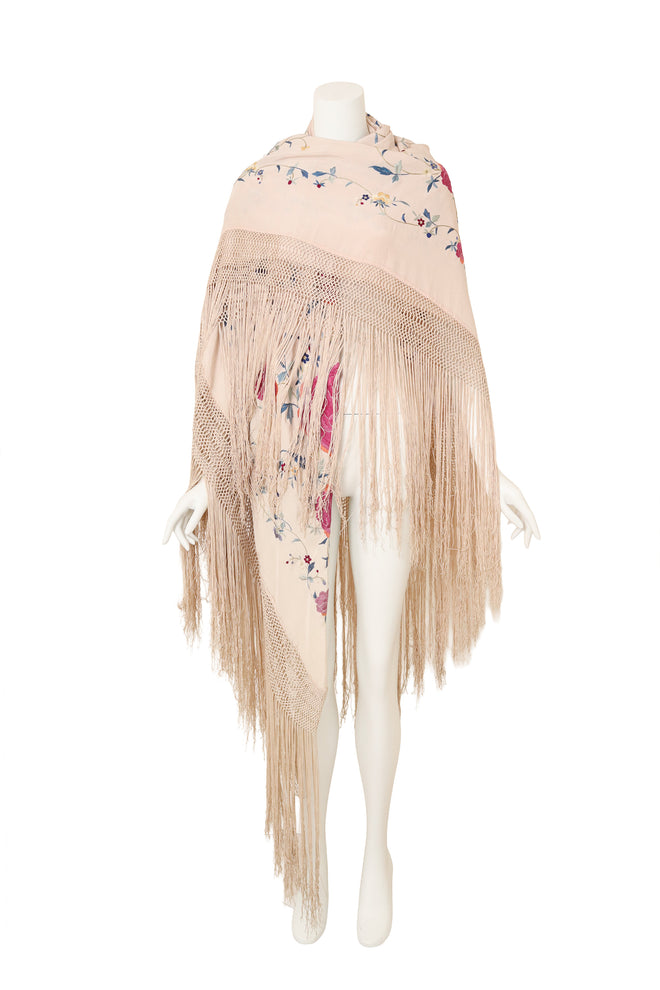 Vintage Fringe Floral Piano Shawl on mannequin @ Recess LA