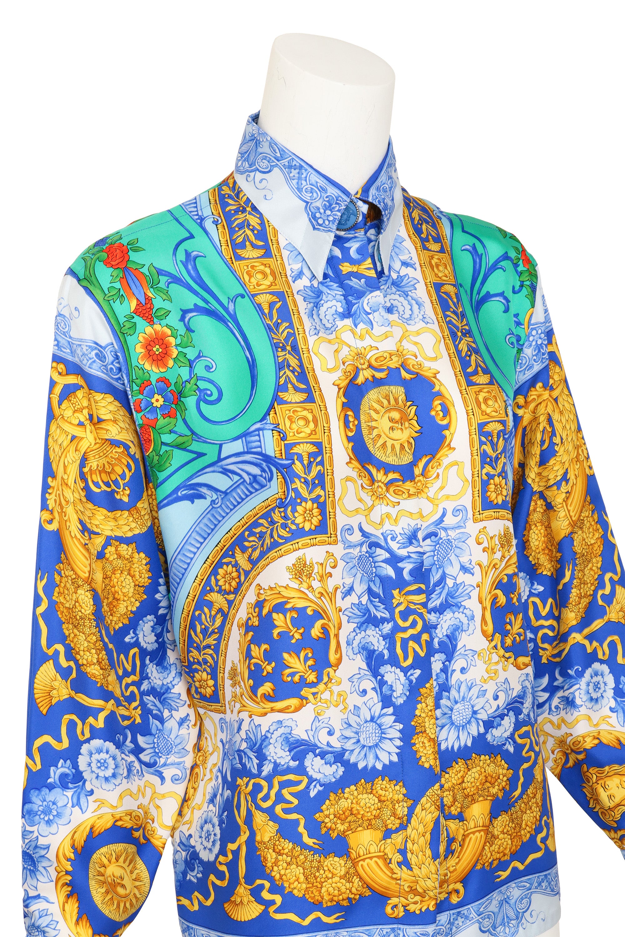 Medusa Filigree Print Silk Shirt by Gianni Versace on mannequin close @ Recess LA