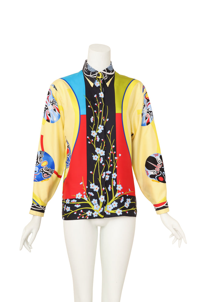 Lucha Libre Mask Print Silk Shirt by Gianni Versace on mannequin @ Recess LA