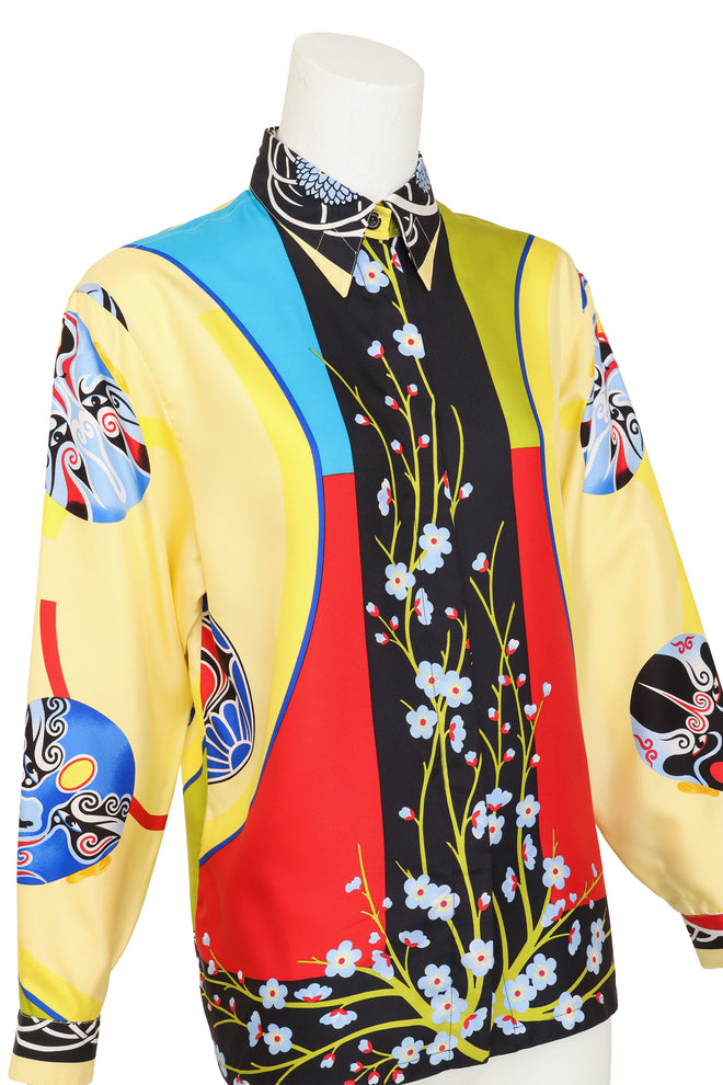 Lucha Libre Mask Print Silk Shirt by Gianni Versace on mannequin close @ Recess LA