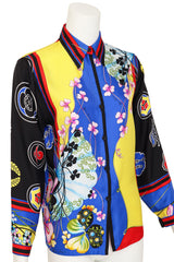 Fan and floral print silk shirt by Gianni Versace on mannequin close @ Recess LA