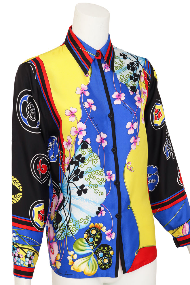 Fan and floral print silk shirt by Gianni Versace on mannequin close @ Recess LA