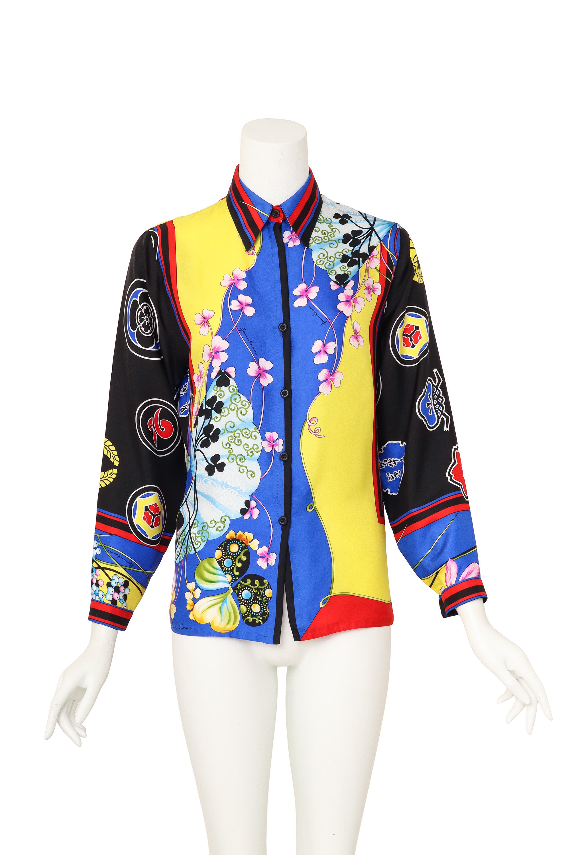 Fan and floral print silk shirt by Gianni Versace on mannequin @ Recess LA