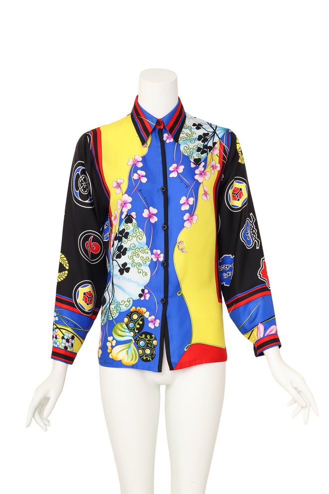 Fan and floral print silk shirt by Gianni Versace on mannequin @ Recess LA
