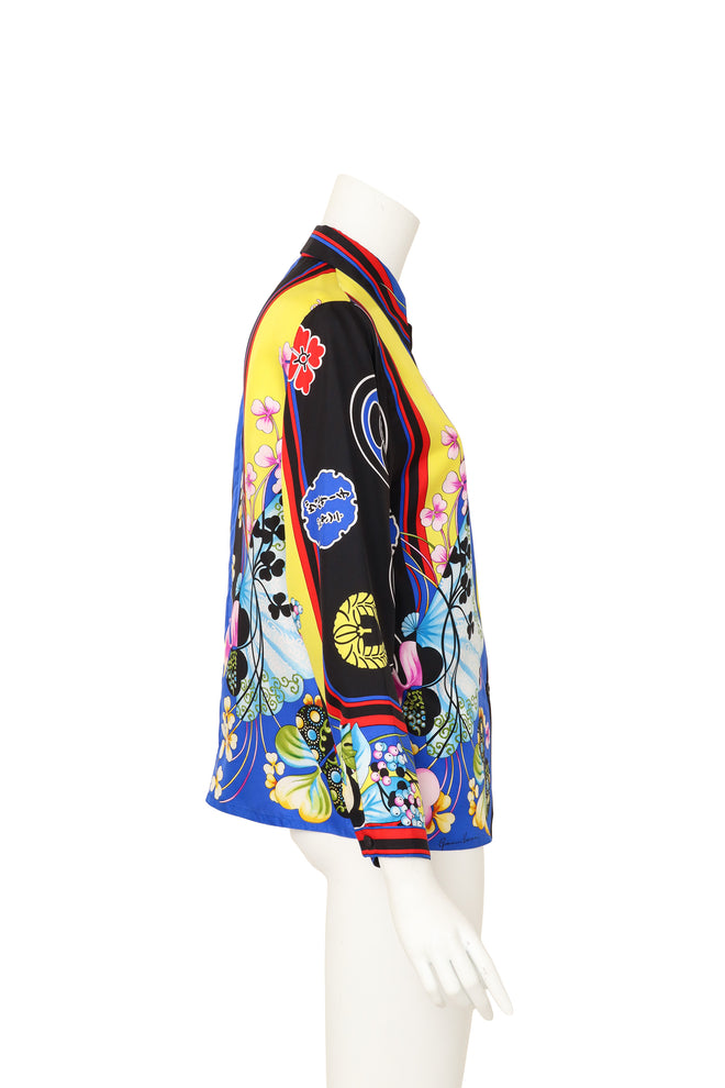 Fan and floral print silk shirt by Gianni Versace on mannequin side @ Recess LA