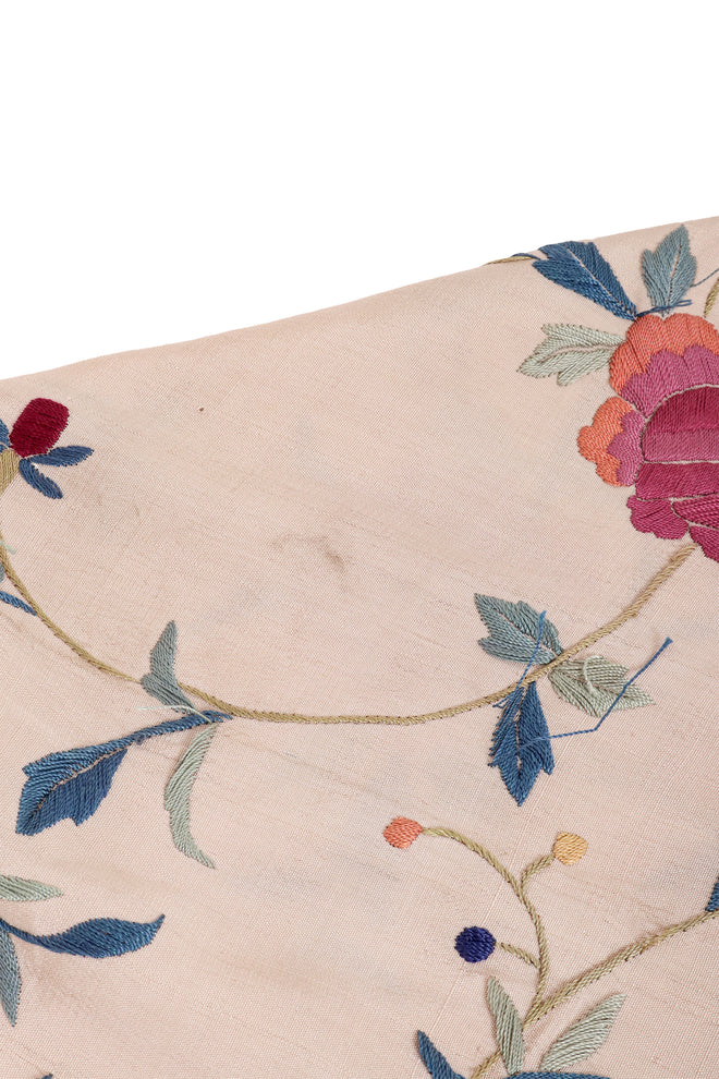 Vintage Fringe Floral Piano Shawl light staining next to leaf embroidery @ Recess LA 