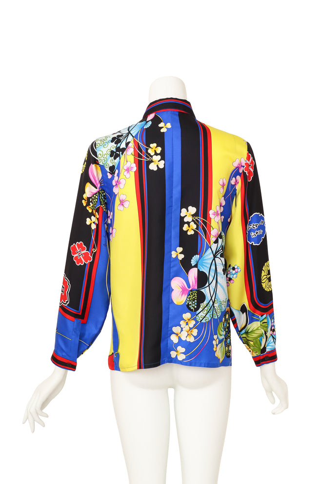 Fan and floral print silk shirt by Gianni Versace on mannequin back @ Recess LA