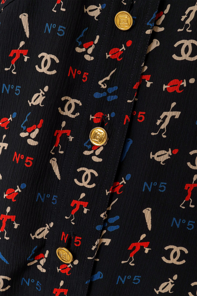 Vintage Chanel Puff Sleeve Blouse print and buttons close @ Recess LA