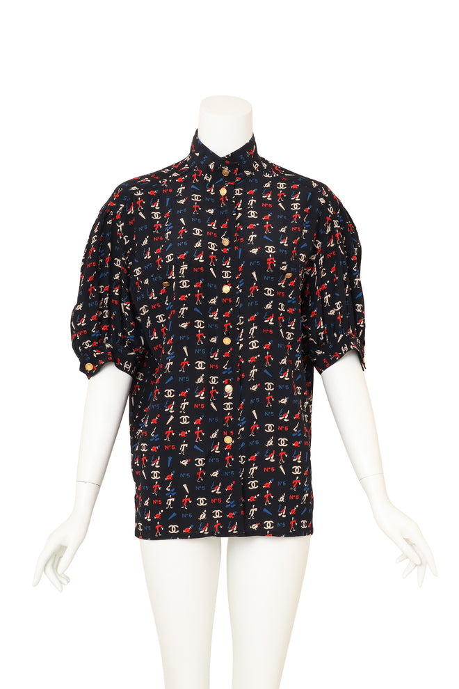 Vintage Chanel Novelty Logo Print Puff Sleeve Blouse on mannequin @ Recess LA